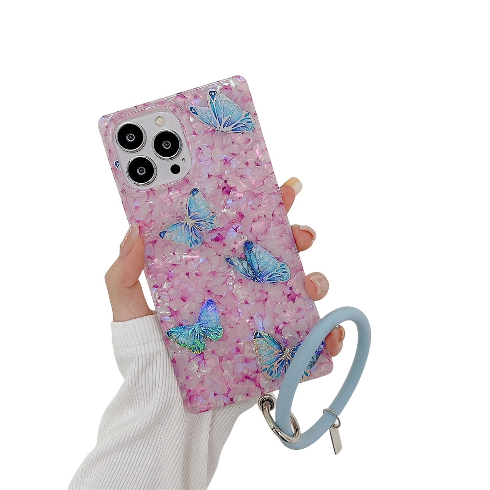 Anymob iPhone Case Blue Butterfly Shell Texture Wristband Soft Square Phone Cover-Mobile Phone Cases-PEROZ Accessories