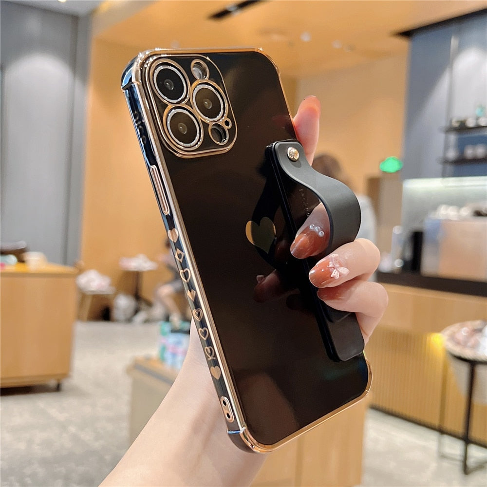 Anymob iPhone Case Black Square Holder Wristband Plating Heart Shockproof Protective Cover-Mobile Phone Cases-PEROZ Accessories