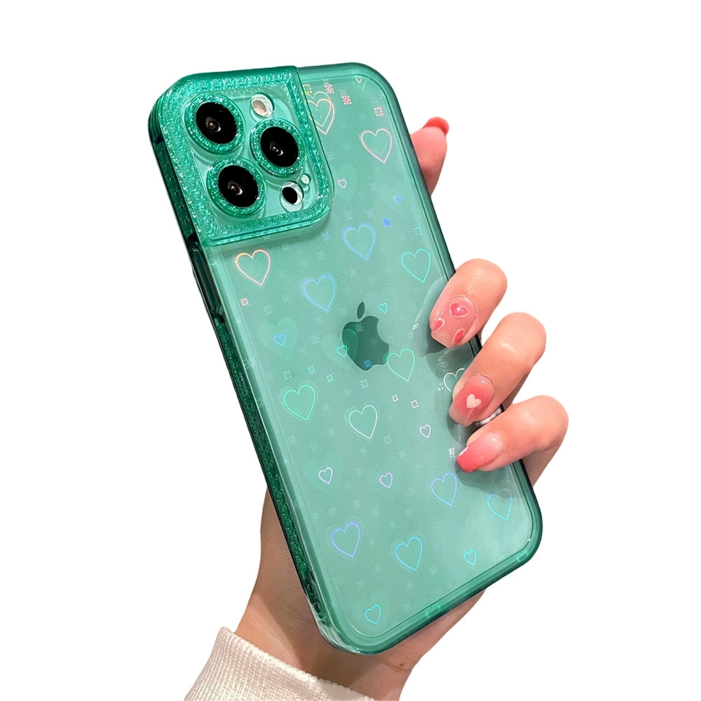 Anymob iPhone Blue Green Holographic Love Heart Clear Phone Case Transparent Cover-Mobile Phone Cases-PEROZ Accessories
