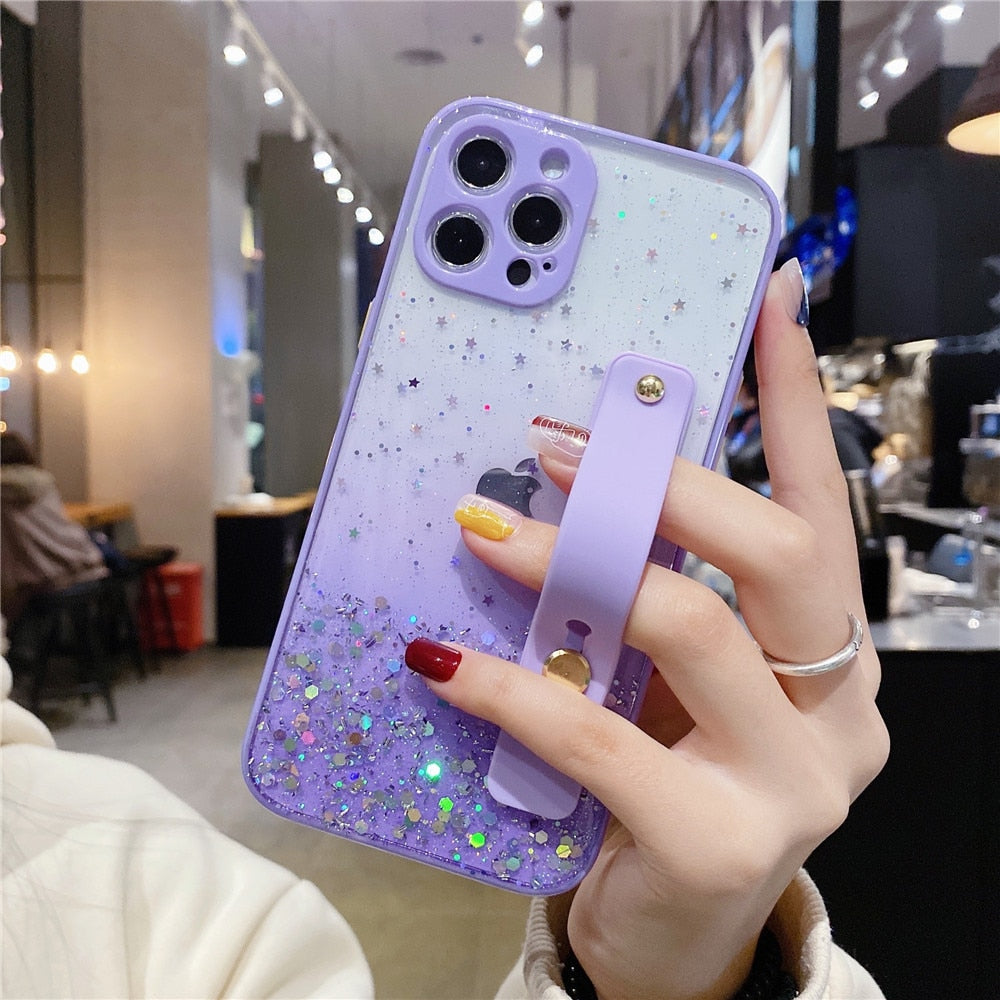 Anymob iPhone Case Purple Sequins Glitter Wrist Band Clear With Stand Holder Back Cover-Mobile Phone Cases-PEROZ Accessories