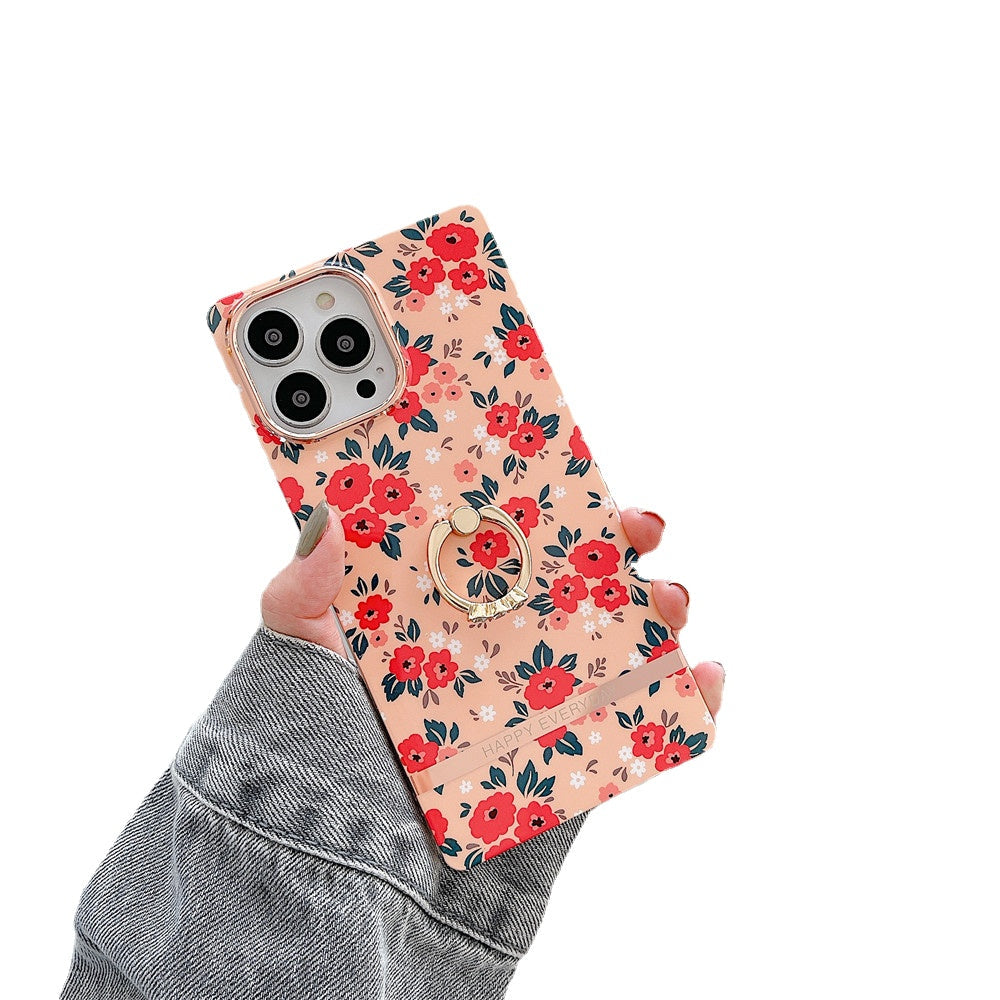 Anymob iPhone Case Pink Ring Holder Flowers Square Design Soft Silicon Stand Phone Cover-Mobile Phone Cases-PEROZ Accessories