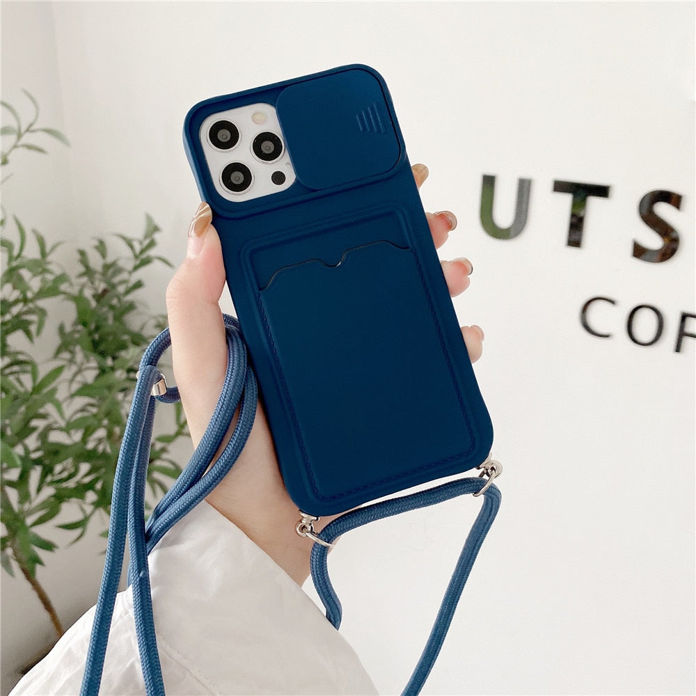 Anymob iPhone Case Blue Crossbody Camera Lens Protect Wallet Card Necklace Lanyard Cover-Mobile Phone Cases-PEROZ Accessories