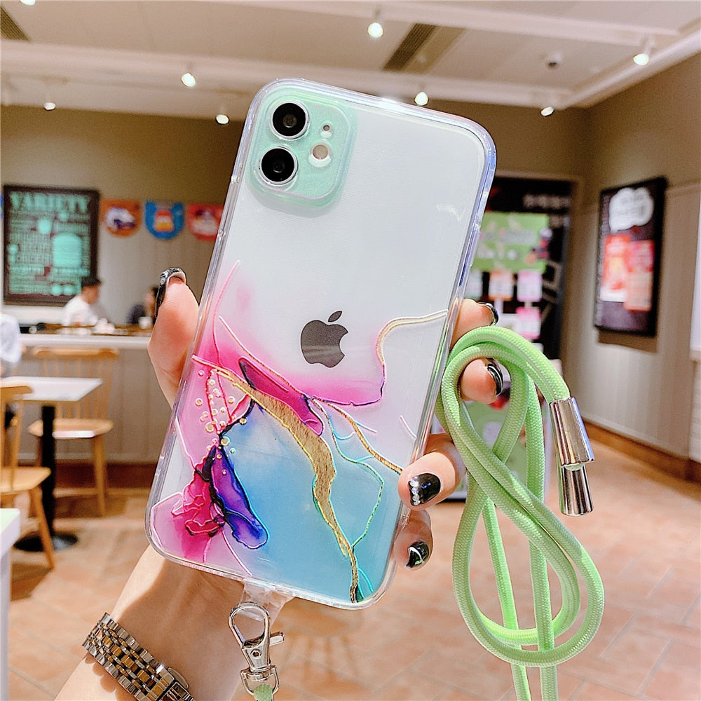 Anymob iPhone Case Pink Watercolor Pink Marble Soft Silicone Cover With Straps-Mobile Phone Cases-PEROZ Accessories