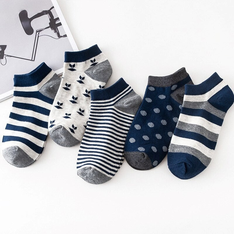 Anysox 5 Pairs One Size 5-11 Mixed Color Striped Spring Summer Unisex Navy Solid Striped Cotton Ankle Casual Socks-Socks-PEROZ Accessories