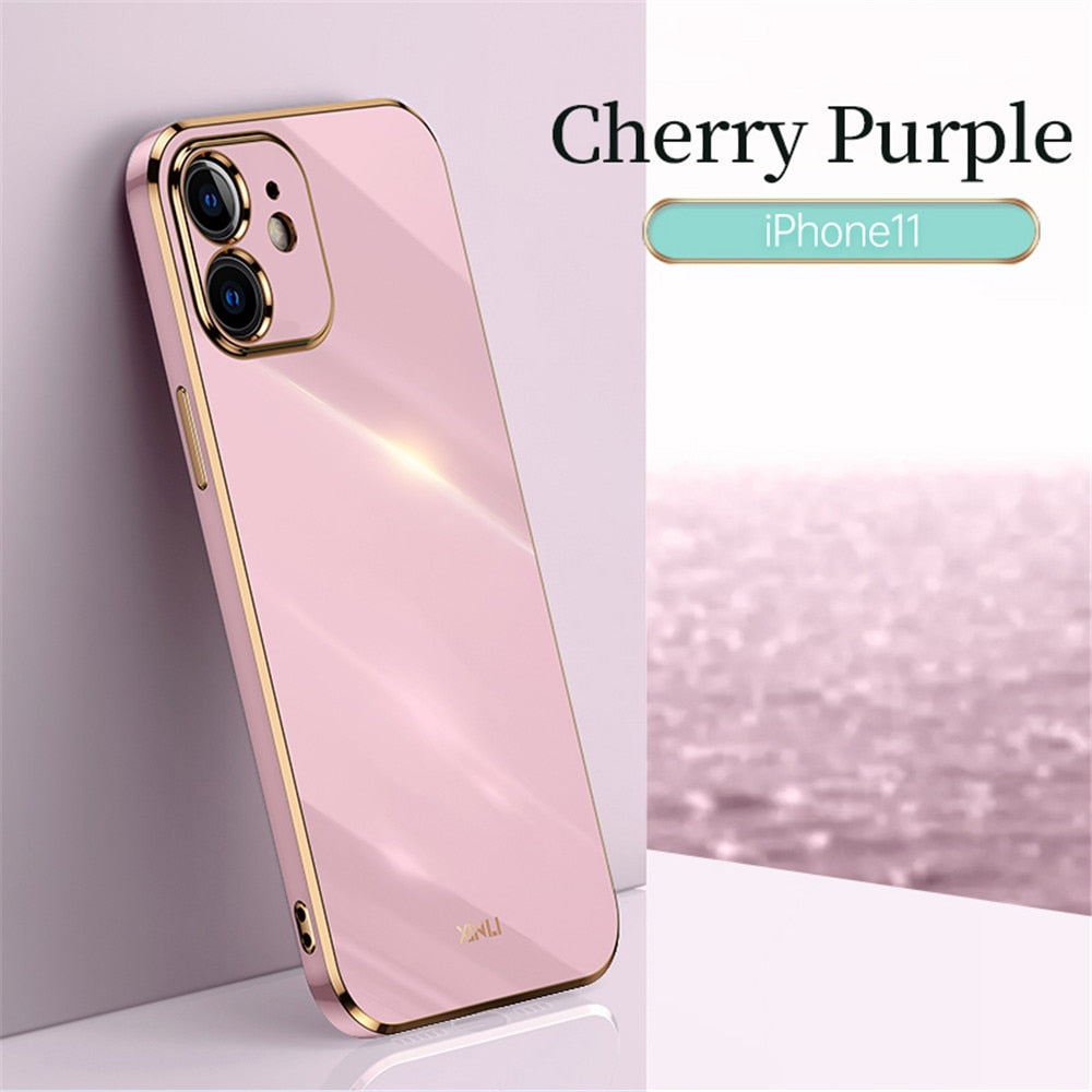 Anymob iPhone Case Cherry Purple Luxury Square Plating Silicone Slim Shockproof Cover-Mobile Phone Cases-PEROZ Accessories