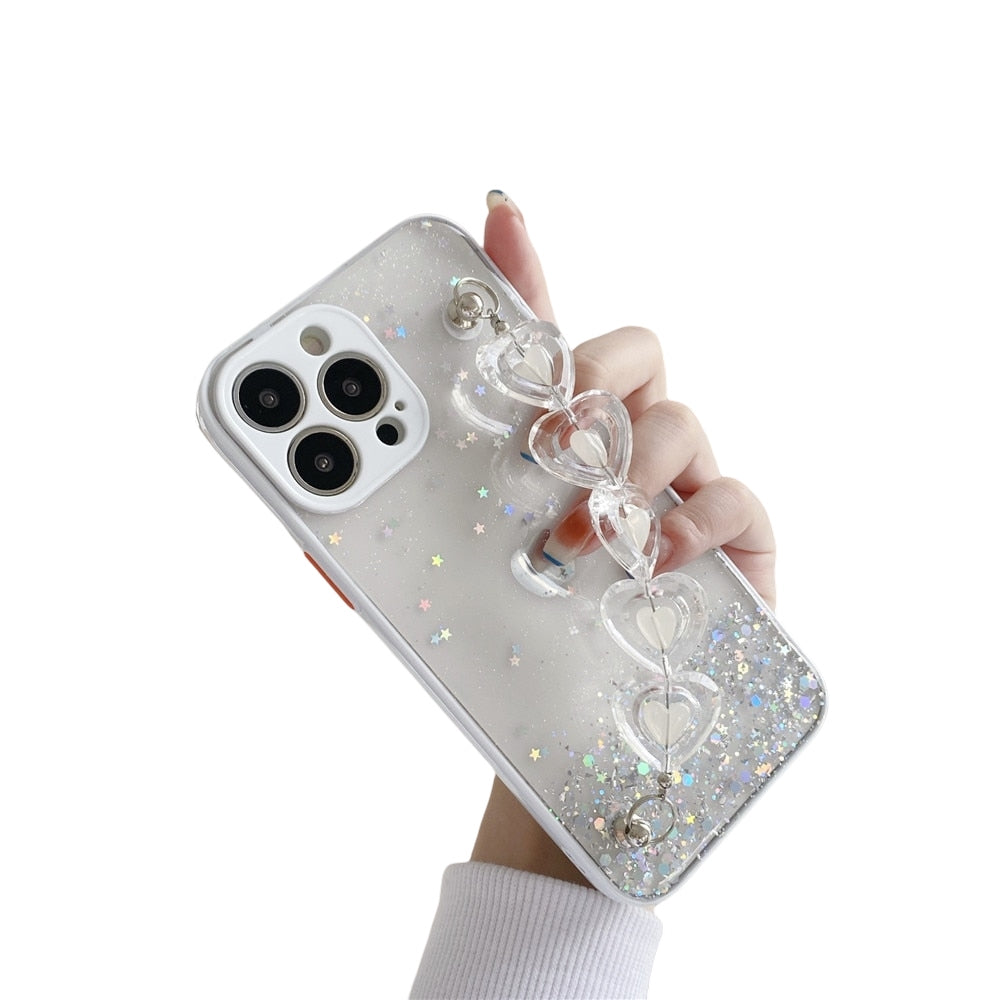 Anymob iPhone White Crystal Heart Bracelet Phone Chain Case Glitter Soft Cover-Mobile Phone Cases-PEROZ Accessories