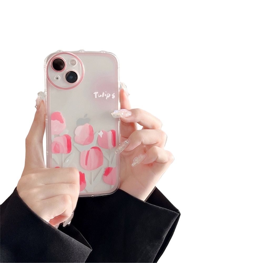 Anymob iPhone Case Pink Round Hole Camera Flowers Clear Soft Silicone Air Cushion Shockproof Cover-Mobile Phone Cases-PEROZ Accessories