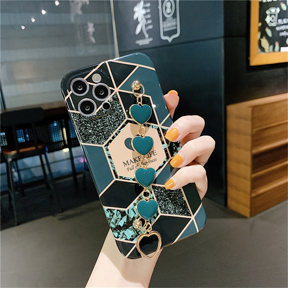 Anymob iPhone Case Dark Green eSoft Silicone Geometric Marble Back Cover With Love Heart Bracelet-Mobile Phone Cases-PEROZ Accessories