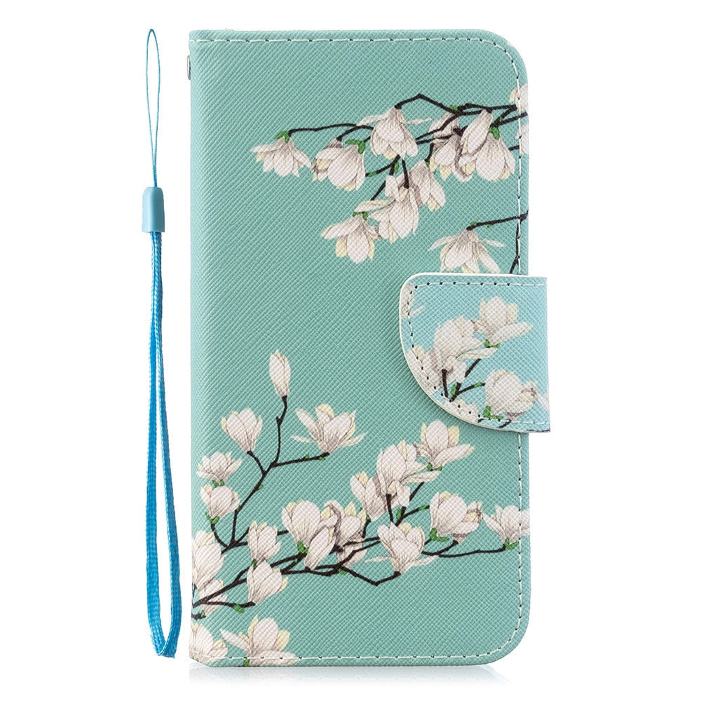 Anymob iPhone Case Green Cherry Blossom Flip Leather Fashion Colorful Flower Painted Wallet Phone Bags-Mobile Phone Cases-PEROZ Accessories