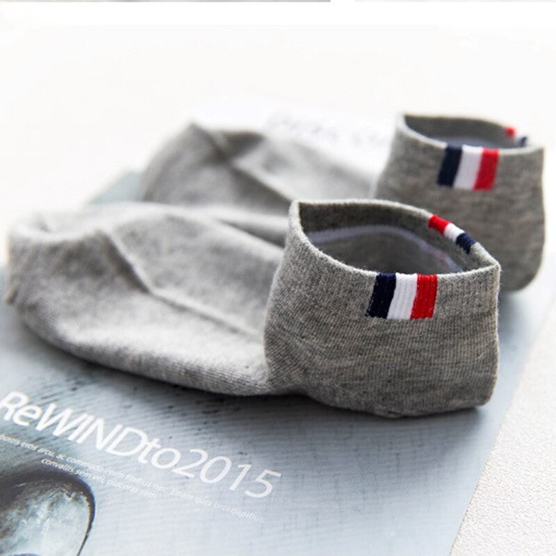Anysox 5 Pairs One Size 5-11 Grayscale Spring Summer Unisex Navy Solid Striped Cotton Ankle Casual Socks-Socks-PEROZ Accessories