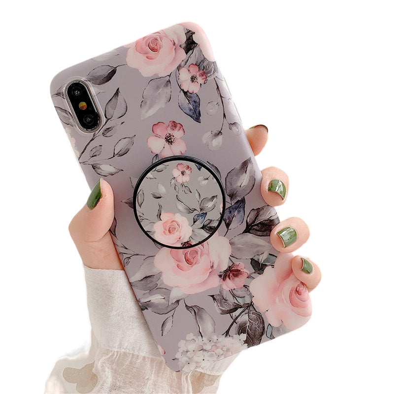 Anymob iPhone Gray Floral Ring Stand Case Back Cover Silicone Phone Cases-Mobile Phone Cases-PEROZ Accessories
