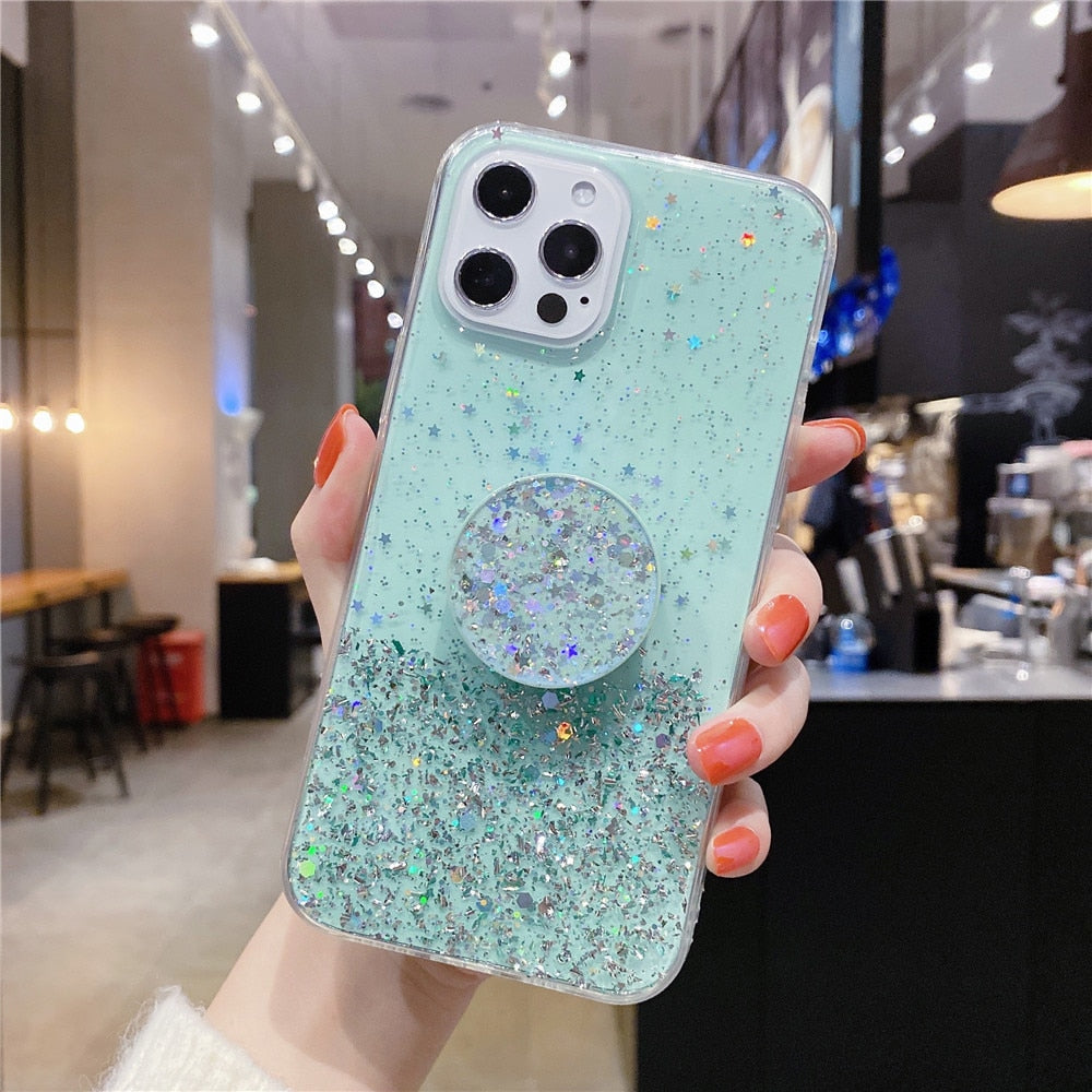 Anymob iPhone Case Turquoise Transparent Glitter Silicone Holder Stand Shell-Mobile Phone Cases-PEROZ Accessories