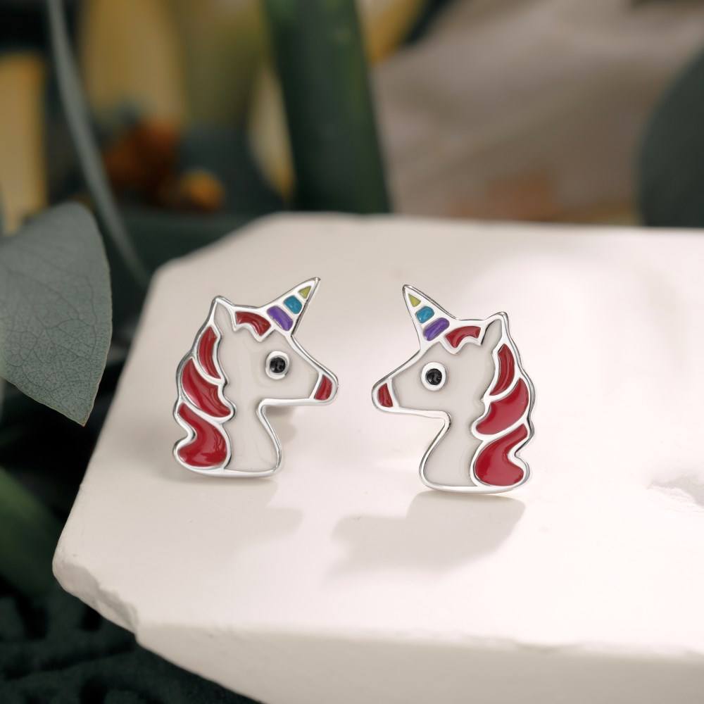 Anyco Earrings Unicorn Shape Hypoallergenic Nickel 925 Sterling Silver CZ Cubic Zirconia Tiny Enamel Stud Earrings for Kid-Earrings-PEROZ Accessories