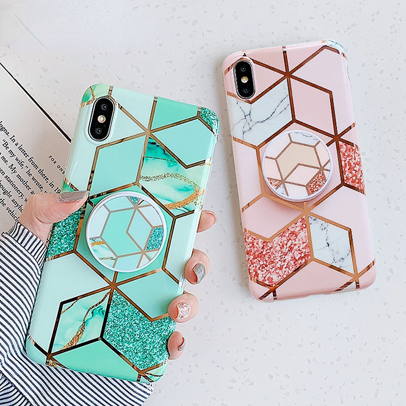 Anymob iPhone Orange Marble Case Holder Stand Splice Plating IMD Silicon Phone Cover-Mobile Phone Cases-PEROZ Accessories