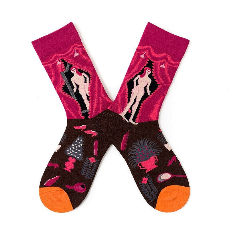 Anysox 5 Pairs Size 5-9 Fashion Socks Combed Cotton Art Abstract Naked Woman Oil Painting Novelty Happy Funny Christmas Gift for Women-Socks-PEROZ Accessories