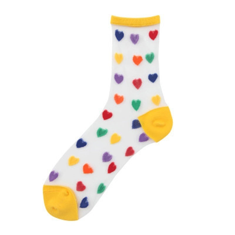 Anysox 5 Pairs Yellow Size 5-9 Heart Tull Glass Silk Design With Transparent Thin Mesh Color full Nylon Socks For Ladies-Socks-PEROZ Accessories
