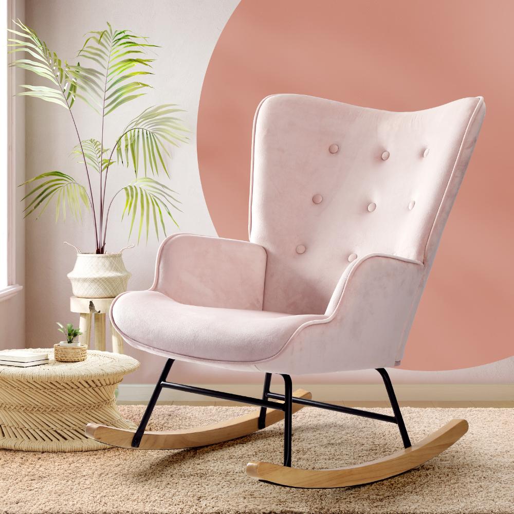 Oikiture Rocking Chair Nursing Armchair Velvet Accent Chairs Upholstered Pink-Armchair-PEROZ Accessories
