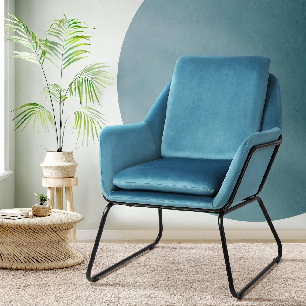 Oikiture Armchair Velvet Accent Chairs Tub Chair Sofa Lounge Upholstered Blue-Armchair-PEROZ Accessories