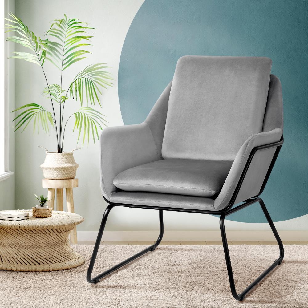 Oikiture Armchair Velvet Accent Chairs Tub Chair Sofa Lounge Upholstered Grey-Armchair-PEROZ Accessories