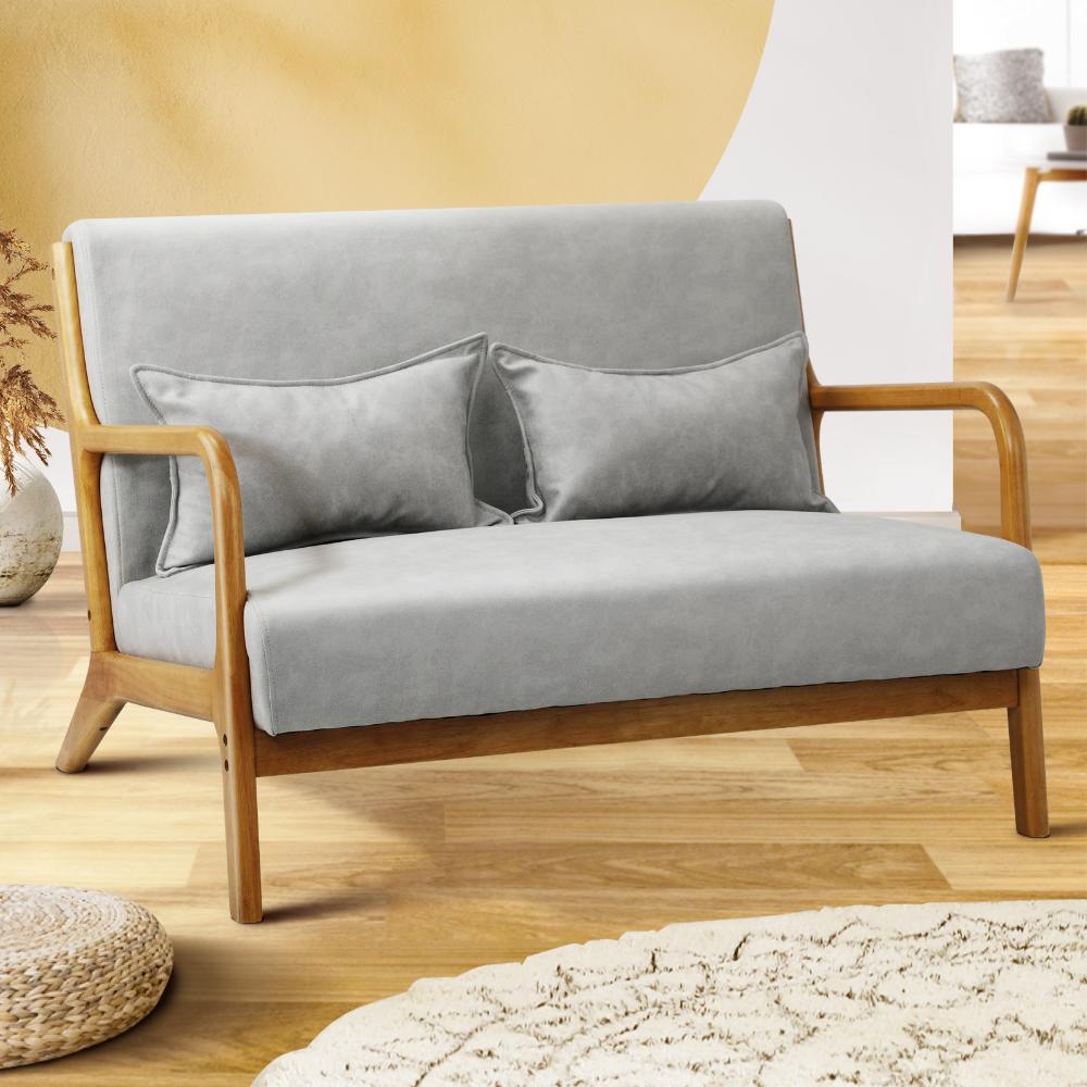 Oikiture Armchair Lounge Chair 2 Seater Accent Couch Sofa Fabric Grey Pillows-Armchair-PEROZ Accessories