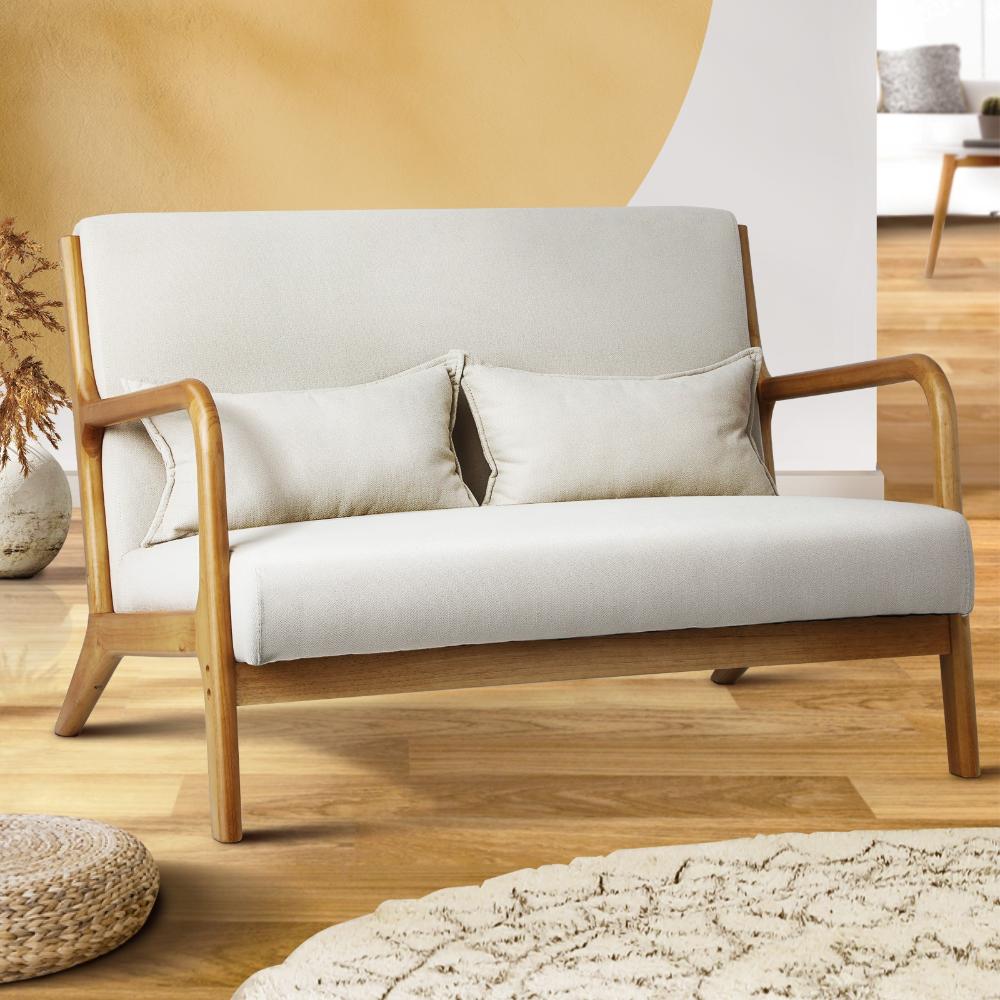 Oikiture Armchair Lounge Chair Accent Couch Sofa Pillows 2 Seater Fabric Beige-Armchair-PEROZ Accessories