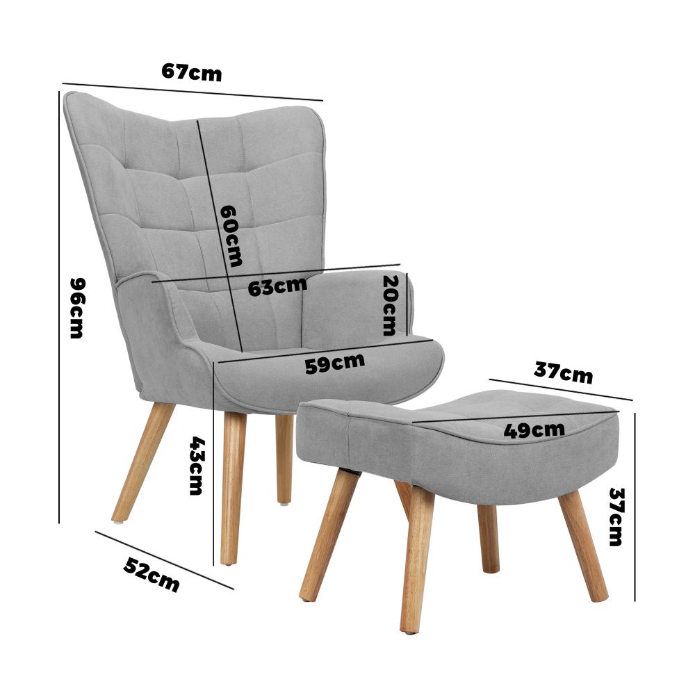 Oikiture Armchair Lounge Chair Ottoman Accent Armchairs Fabric Sofa Chairs Grey-Armchair-PEROZ Accessories