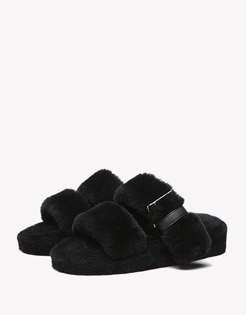 Australian Shepherd Fluffy Slides Women Jamia High Platform Sheepskin Wool-Slides-PEROZ Accessories