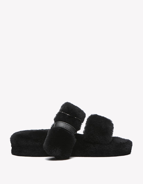 Australian Shepherd Fluffy Slides Women Jamia High Platform Sheepskin Wool-Slides-PEROZ Accessories