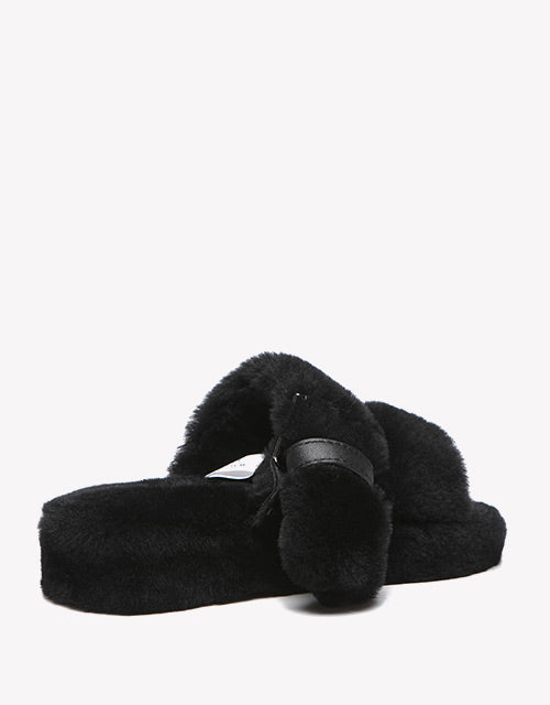 Australian Shepherd Fluffy Slides Women Jamia High Platform Sheepskin Wool-Slides-PEROZ Accessories