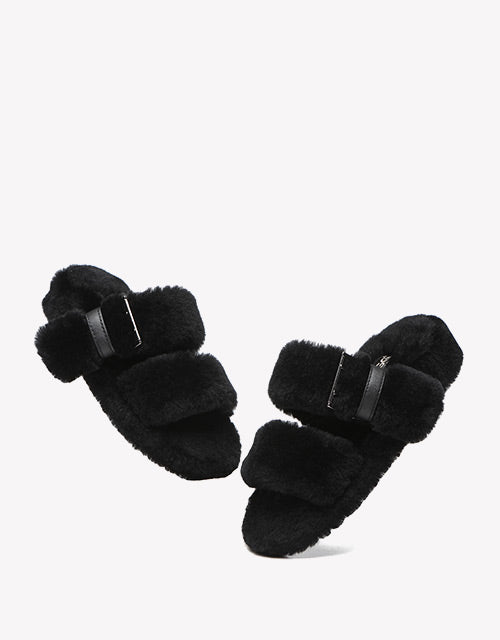 Australian Shepherd Fluffy Slides Women Jamia High Platform Sheepskin Wool-Slides-PEROZ Accessories