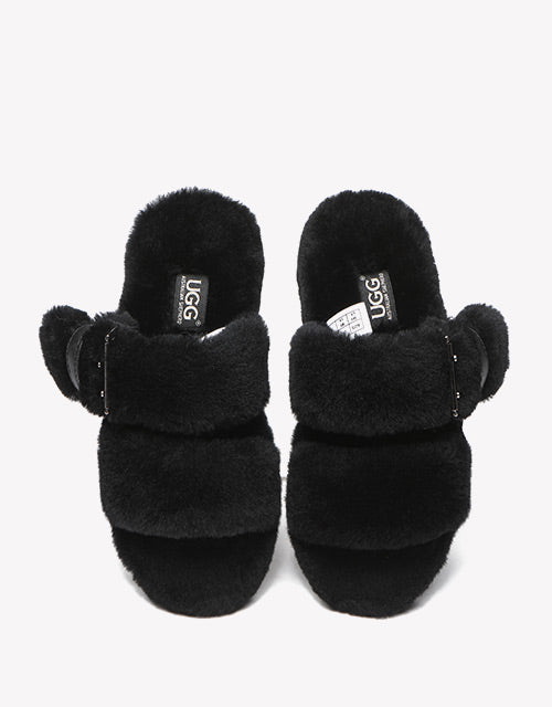 Australian Shepherd Fluffy Slides Women Jamia High Platform Sheepskin Wool-Slides-PEROZ Accessories