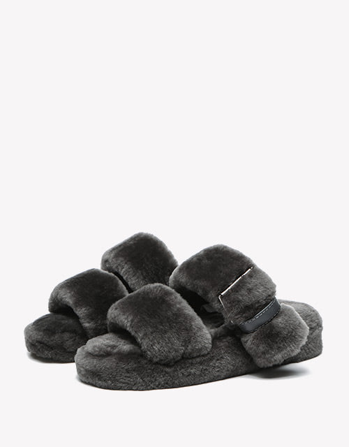 Australian Shepherd Fluffy Slides Women Jamia High Platform Sheepskin Wool-Slides-PEROZ Accessories
