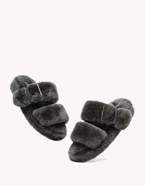 Australian Shepherd Fluffy Slides Women Jamia High Platform Sheepskin Wool-Slides-PEROZ Accessories