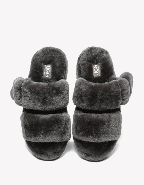Australian Shepherd Fluffy Slides Women Jamia High Platform Sheepskin Wool-Slides-PEROZ Accessories