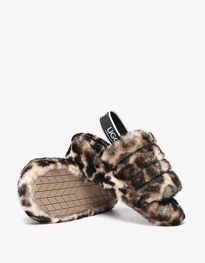 Australian Shepherd Leopard Print Fluffy Slides Sheepskin Wool Women Pamela-Slides-PEROZ Accessories