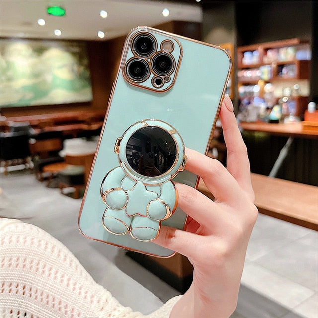 Anymob Astronaut iPhone Love Heart Holder Sky Blue Protection Electroplated Phone Case Soft Silicone Shockproof Stand Back Cover iPhone Compatible-Mobile Phone Cases-PEROZ Accessories