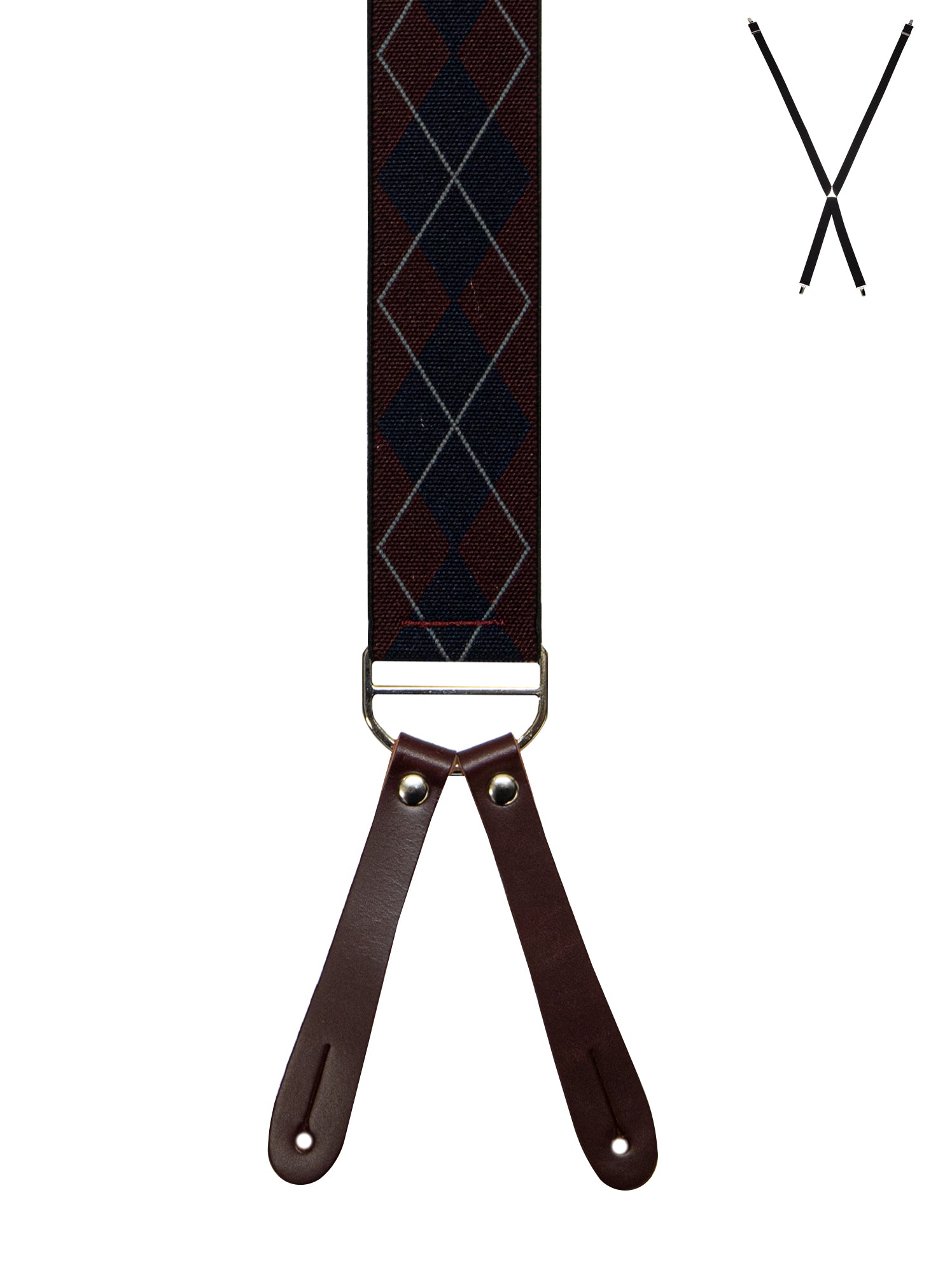 BRACES. X-Back with Leather Ends. Argyle Print. Burgundy. 35mm width.-Braces-PEROZ Accessories