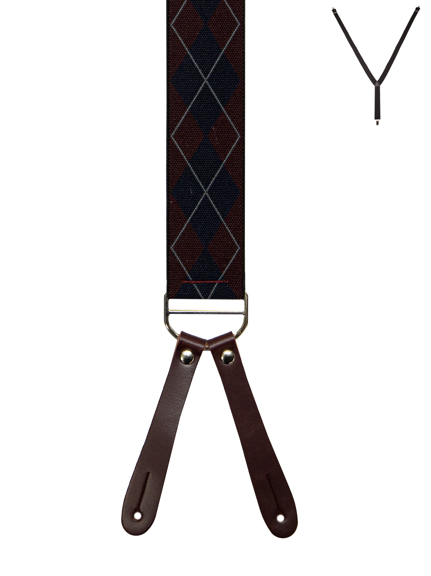 BRACES. Y-Back with Leather Ends. Argyle Print. Burgundy. 35mm width.-Braces-PEROZ Accessories