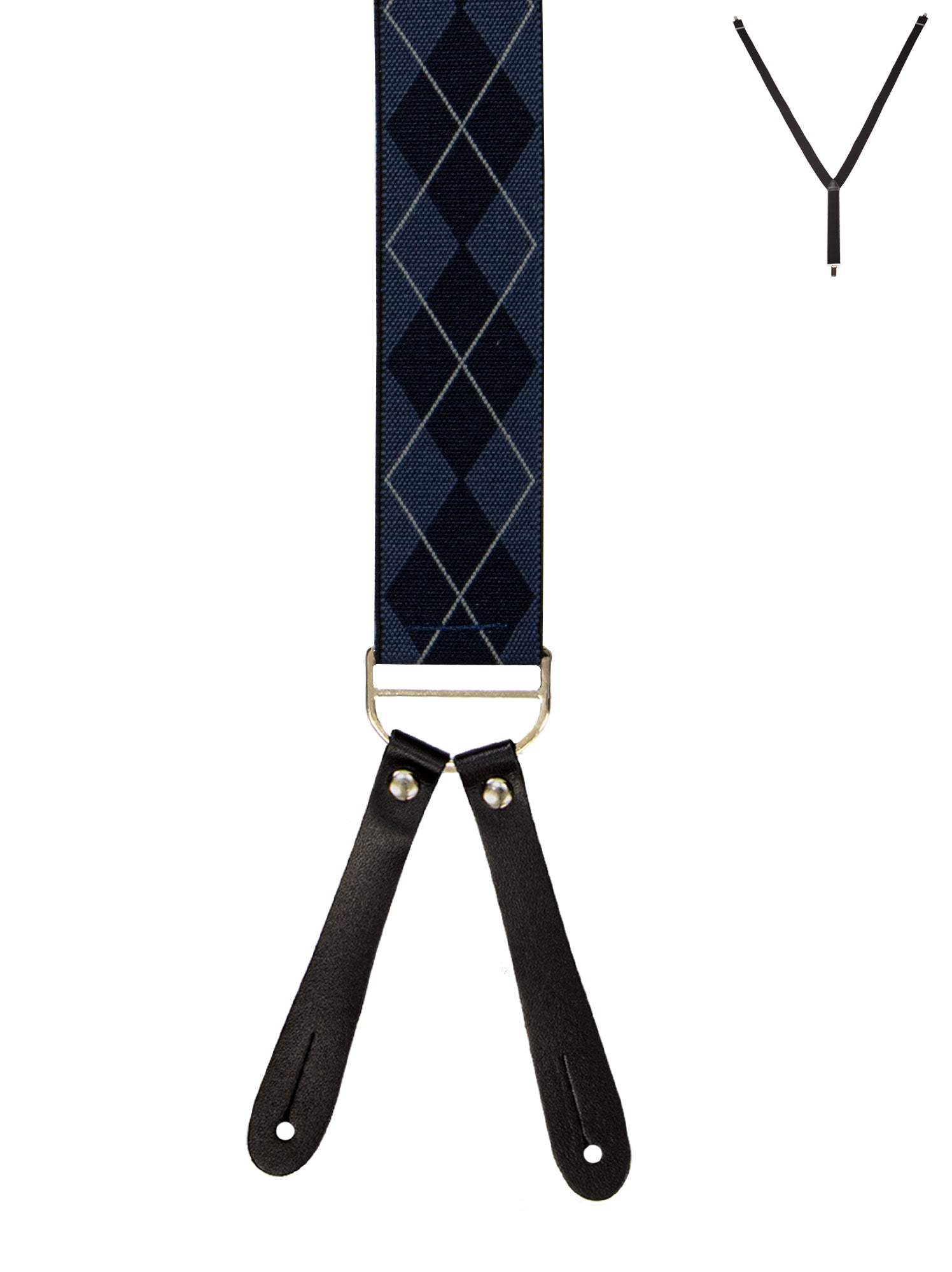 BRACES. Y-Back with Leather Ends. Argyle Print. Navy. 35mm width.-Braces-PEROZ Accessories