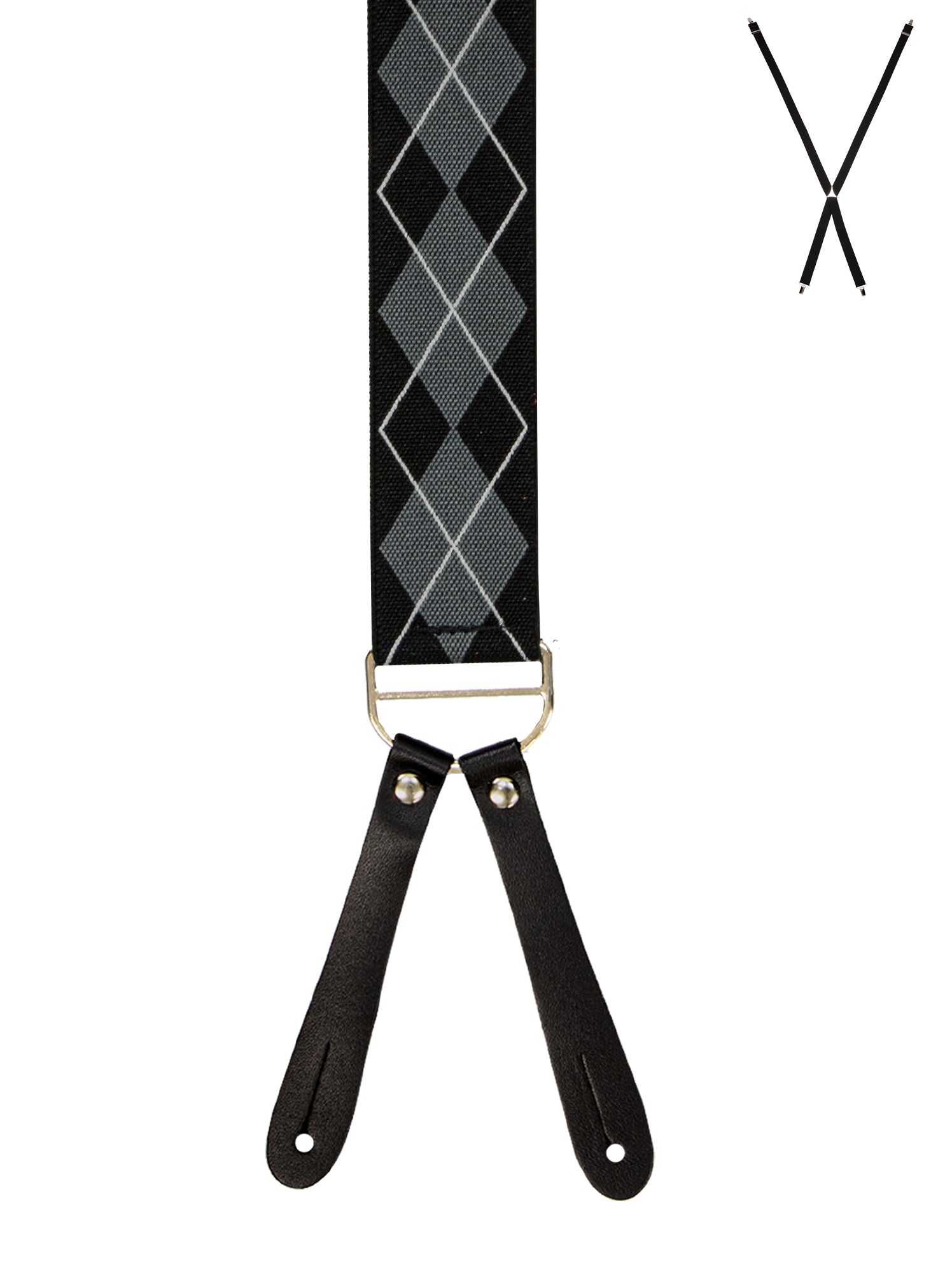 BRACES. X-Back with Leather Ends. Argyle Print. Black. 35mm width.-Braces-PEROZ Accessories