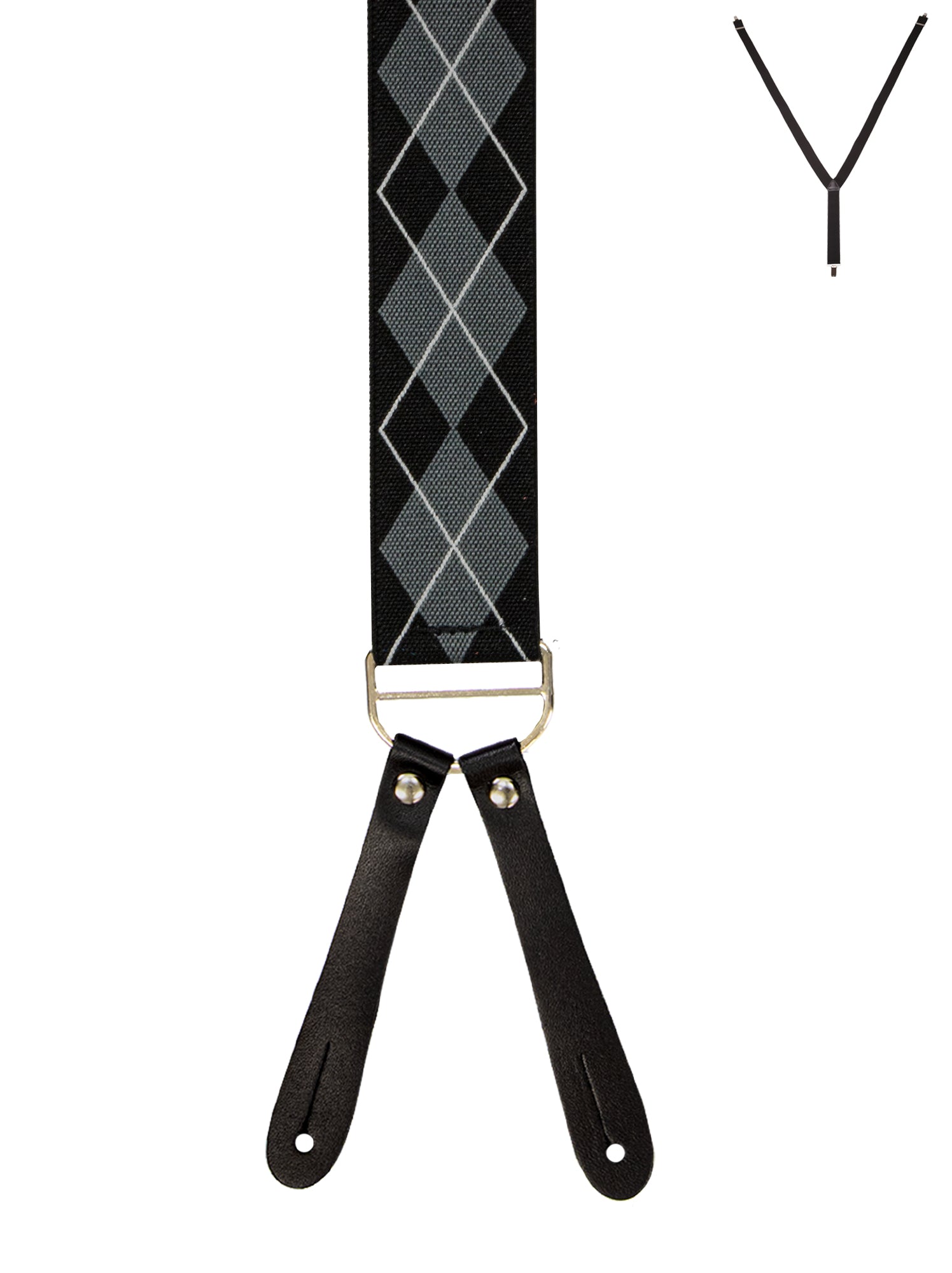 BRACES. Y-Back with Leather Ends. Argyle Print. Black. 35mm width.-Braces-PEROZ Accessories