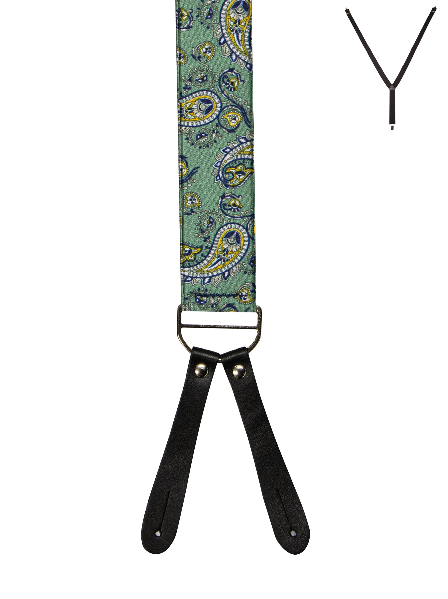 BRACES. Y-Back with Leather Ends. Paisley Print. Green. 35mm width.-Braces-PEROZ Accessories