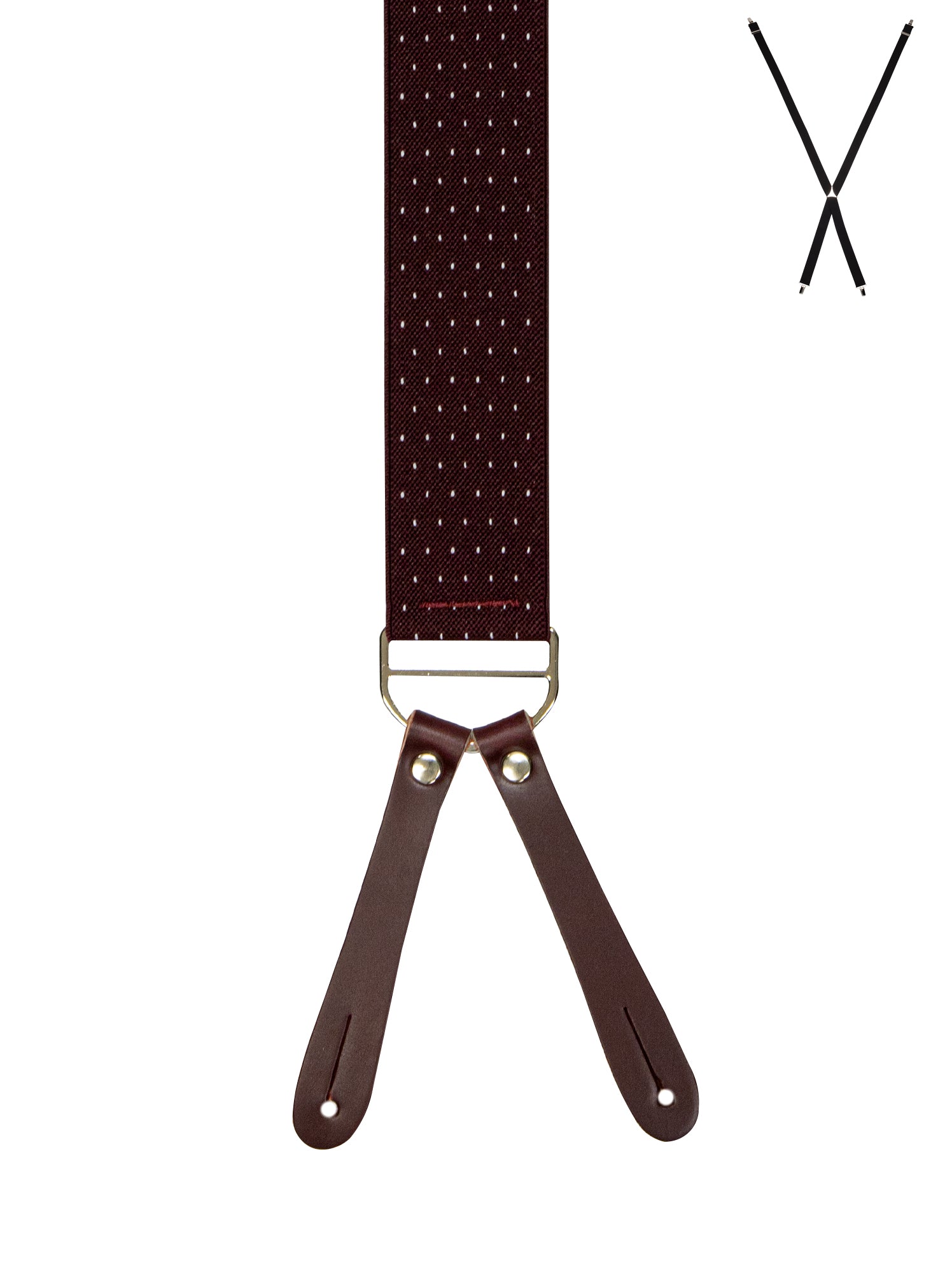 BRACES. X-Back with Leather Ends. Spot Print. Burgundy. 35mm width.-Braces-PEROZ Accessories