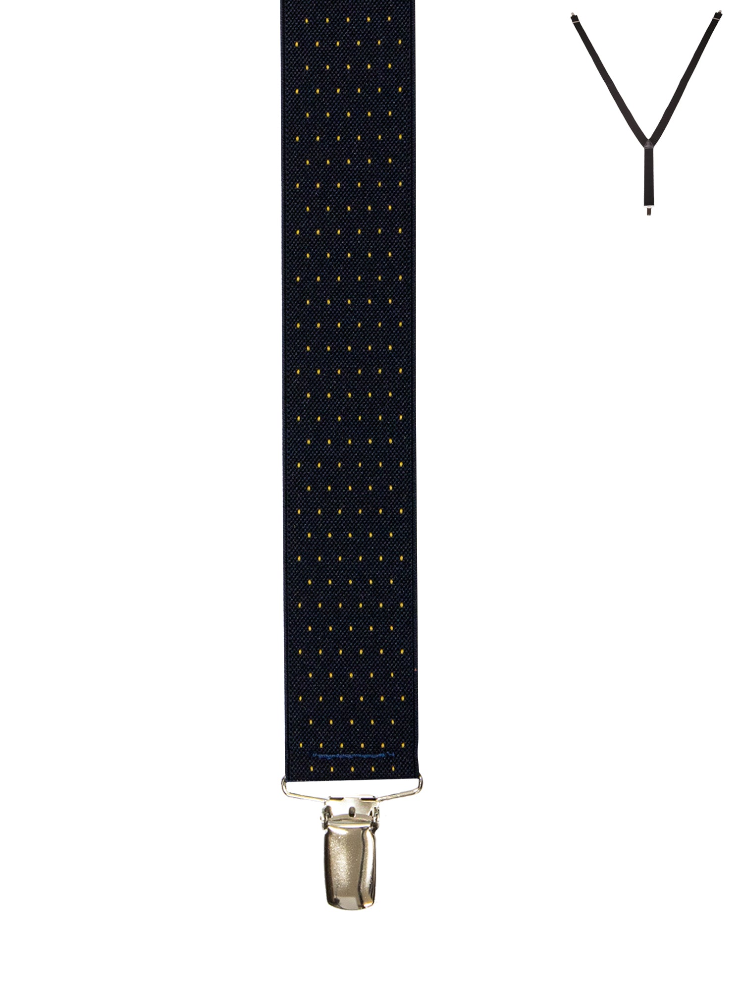 BRACES. Y-Back with Nickel Clips. Spot Print. Navy/Gold. 35mm width.-Braces-PEROZ Accessories