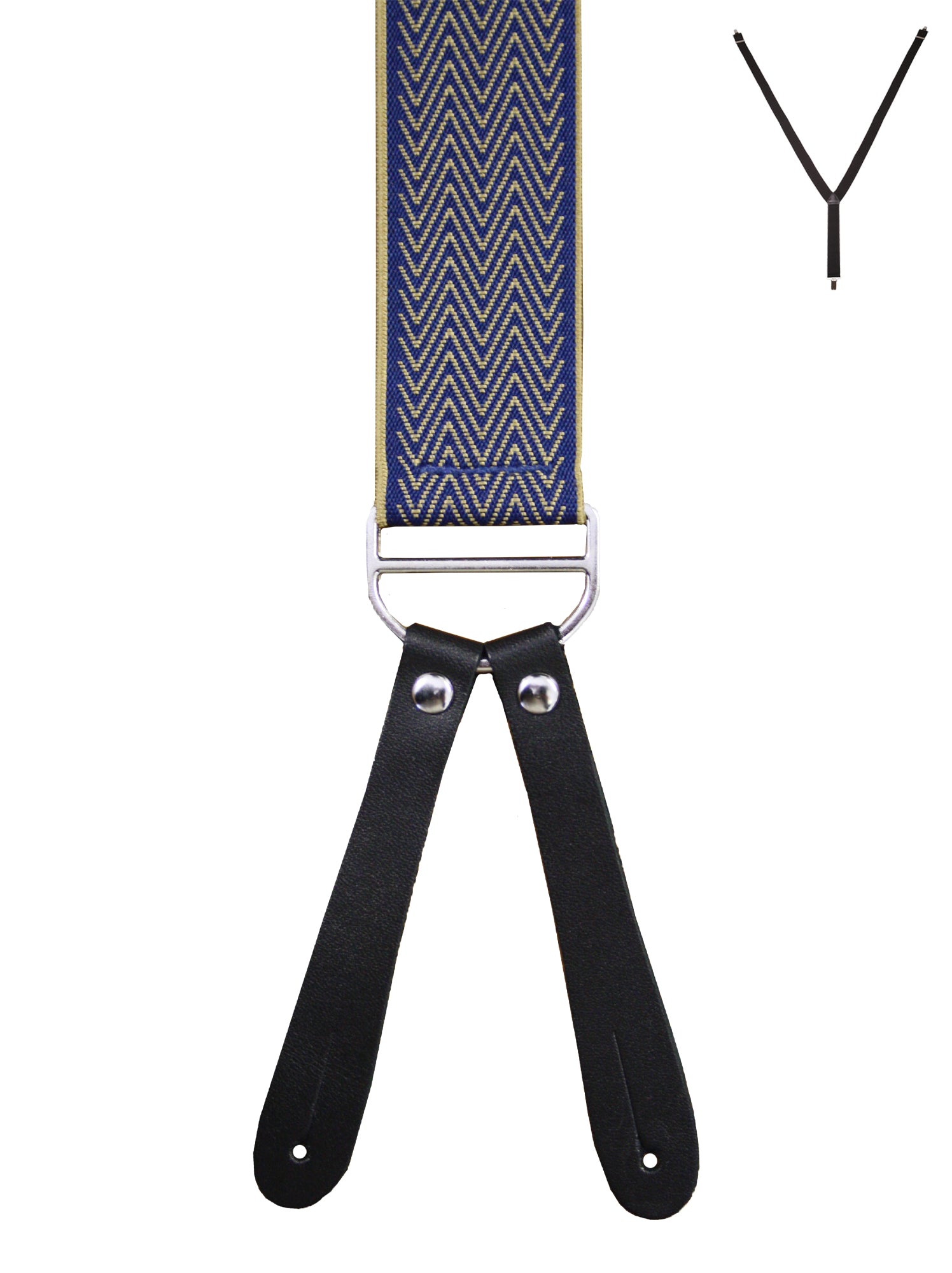 BRACES. Y-Back with Leather Ends. Chevron Print. Navy/Gold. 35mm width.-Braces-PEROZ Accessories
