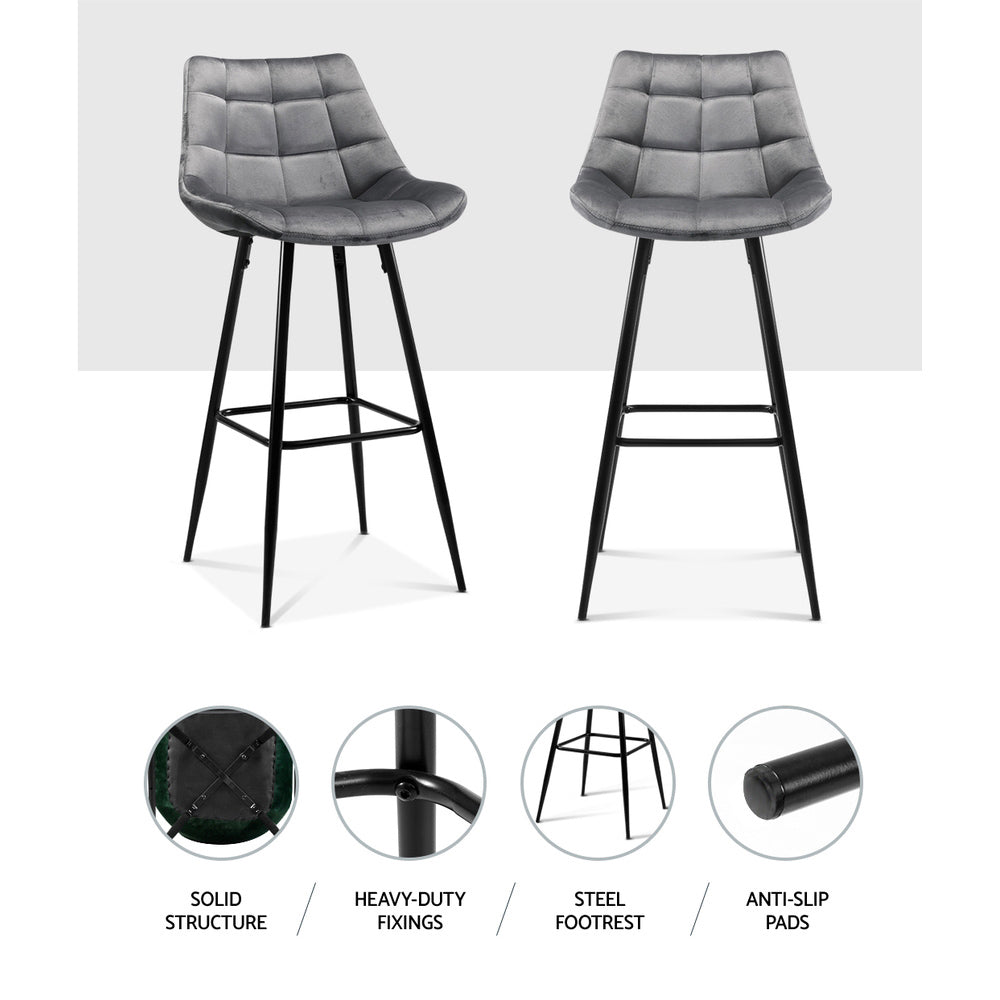 Artiss Set of 2 Velvet Bar Stools - Grey-Furniture > Bar Stools & Chairs - Peroz Australia - Image - 5