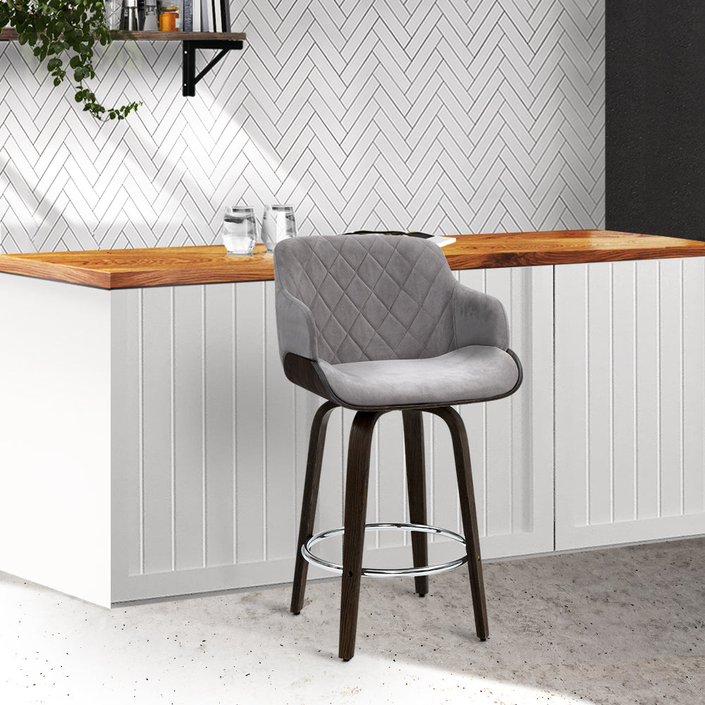 Artiss Velvet Bar Stool Swivel - Grey and Wood-Furniture &gt; Bar Stools &amp; Chairs - Peroz Australia - Image - 1