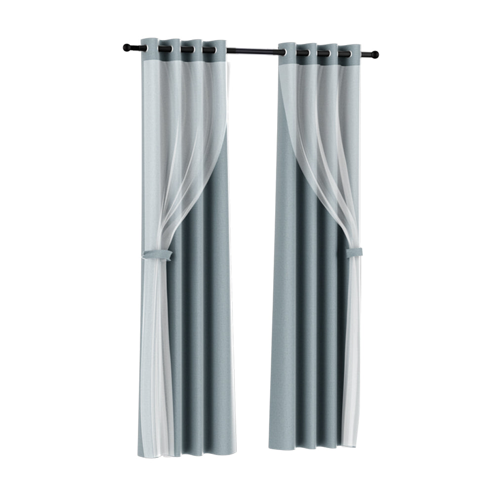 Artiss 2X 132x160cm Blockout Sheer Curtains Light Grey-Home & Garden > Curtains-PEROZ Accessories