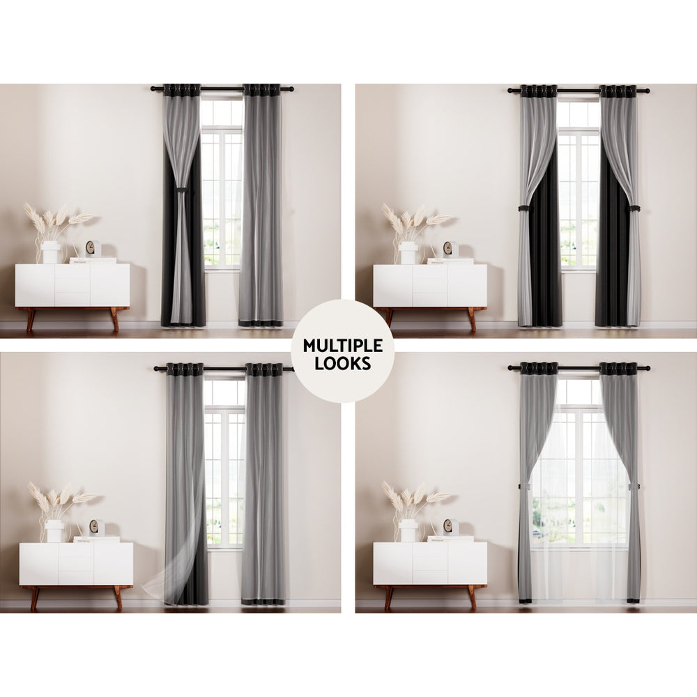 Artiss 2X 132x274cm Blockout Sheer Curtains Black-Home & Garden > Curtains-PEROZ Accessories