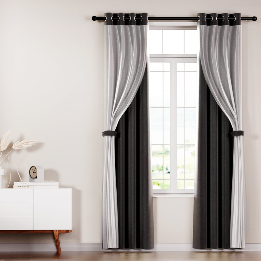 Artiss 2X 132x304cm Blockout Sheer Curtains Black-Home & Garden > Curtains-PEROZ Accessories